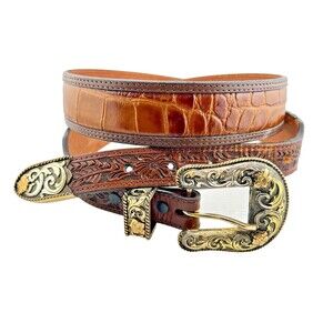 3D Western Hand Tooled Leather Belt Size 42 Montana Silversmiths Buckle Hardware